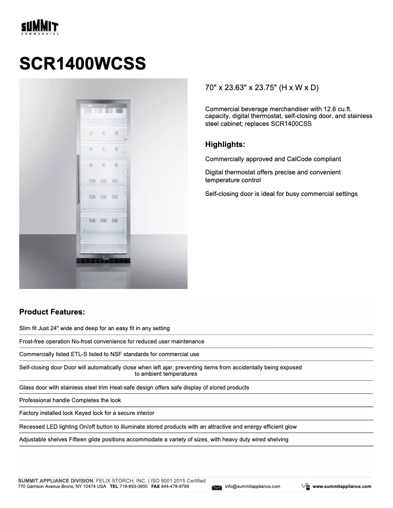 Página 1 del manual Ficha técnica Summit Commercial SCR1400WCSS