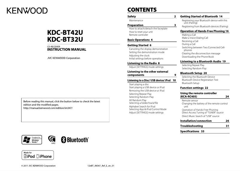 Página 1 del manual Manual de usuario Kenwood KDC-BT32U