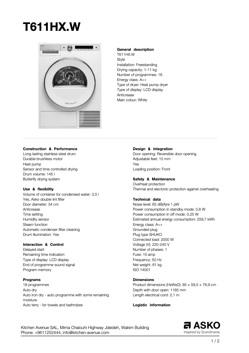 Página 1 del manual Ficha técnica Asko T611HX