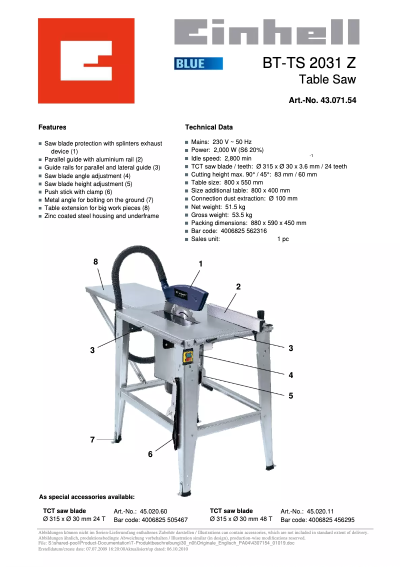 Página 1 del manual Manual de usuario Einhell BT-TS 2031 Z
