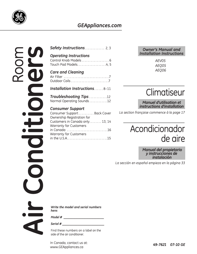 Página 1 del manual Guía de instalación GE AEQ05LN