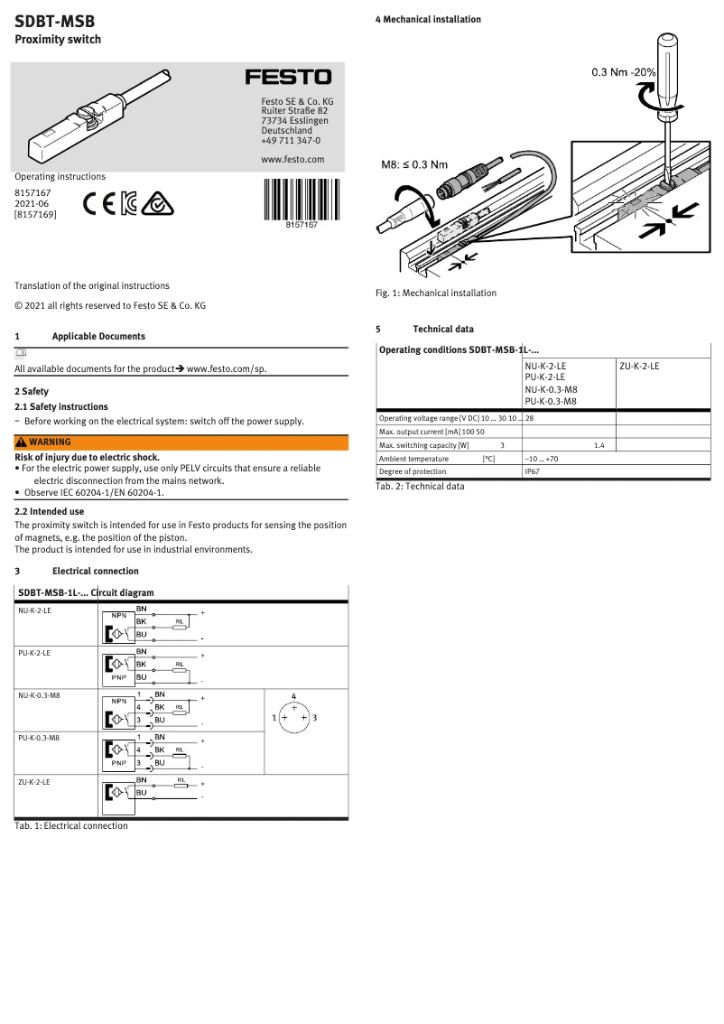 Página 1 del manual Manual de usuario Festo SDBT-MSB-1L-PU-K-0.3-M8