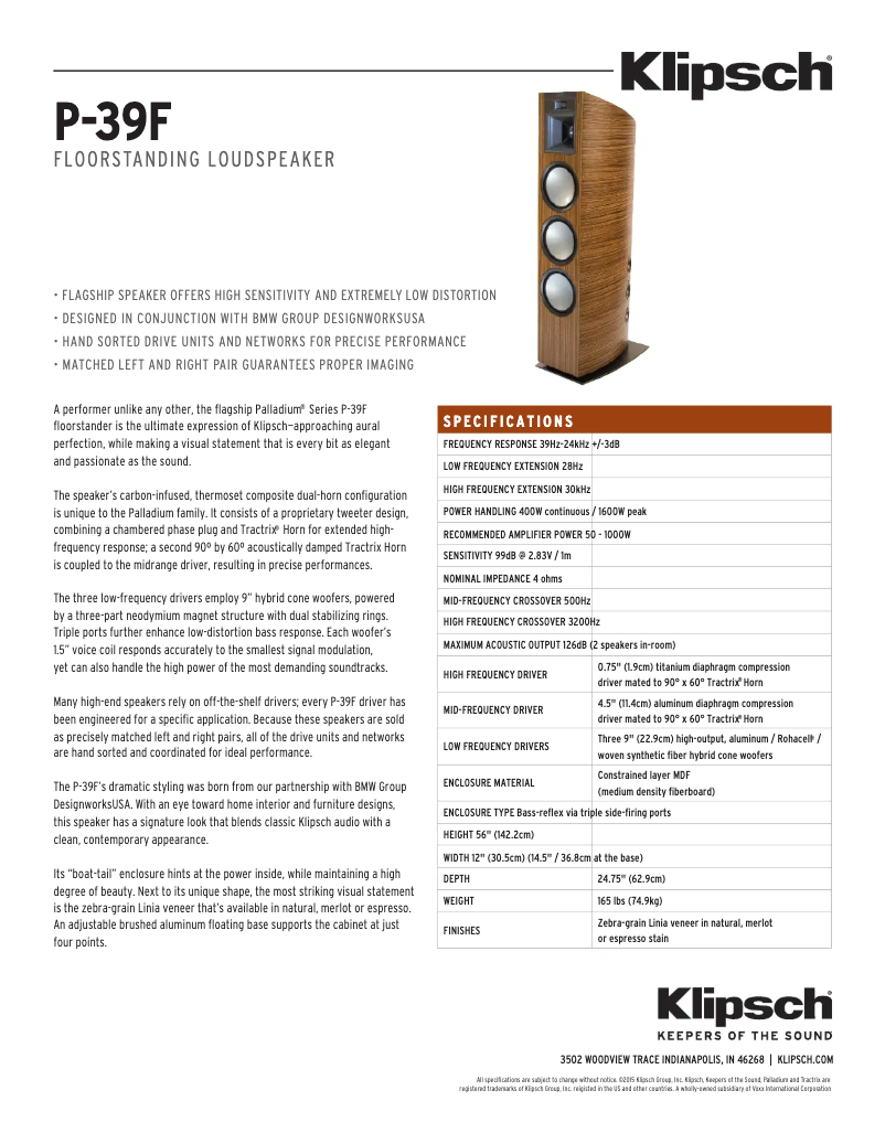 Página 1 del manual Ficha técnica Klipsch Palladium P-39F