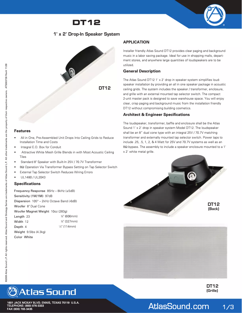 Página 1 del manual Folleto Atlas Sound DT12
