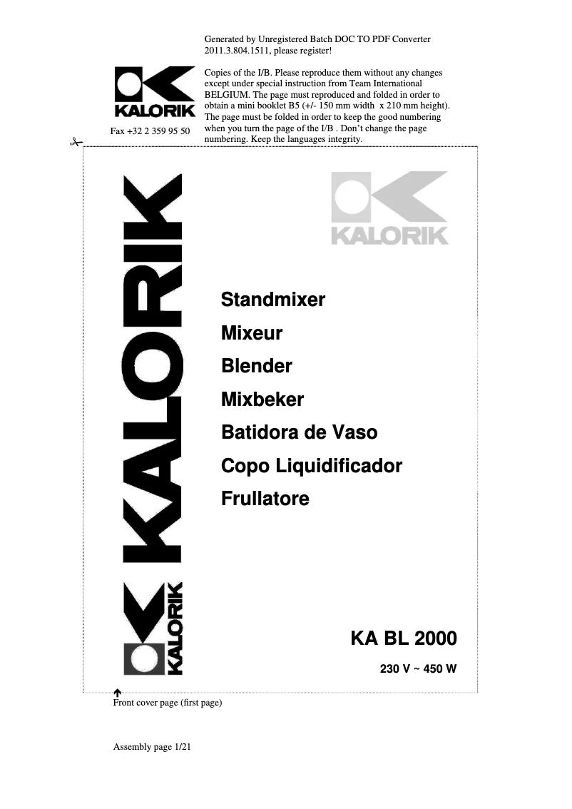 Página 1 del manual Manual de usuario Kalorik KA BL 2000