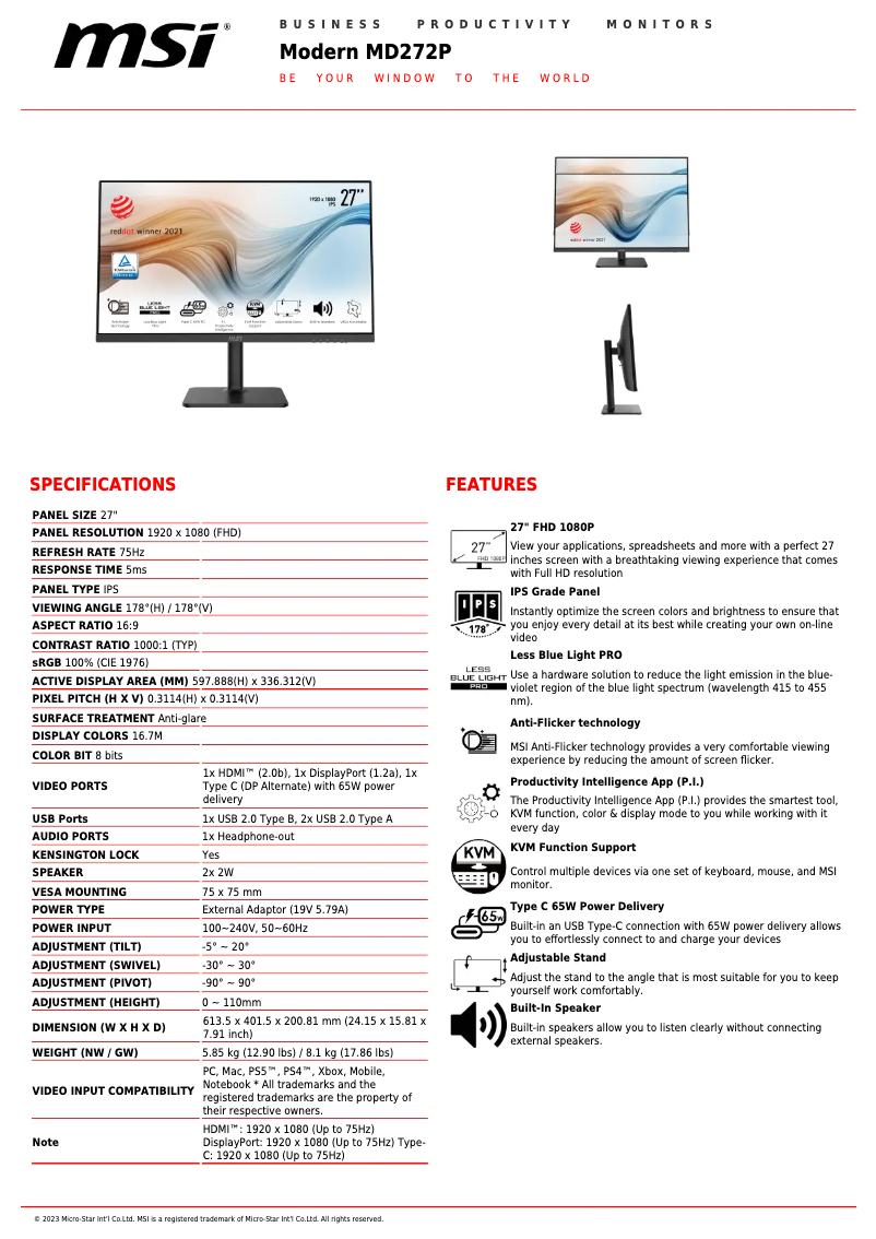 Página nº 1 - Ficha técnica MSI Modern MD272P