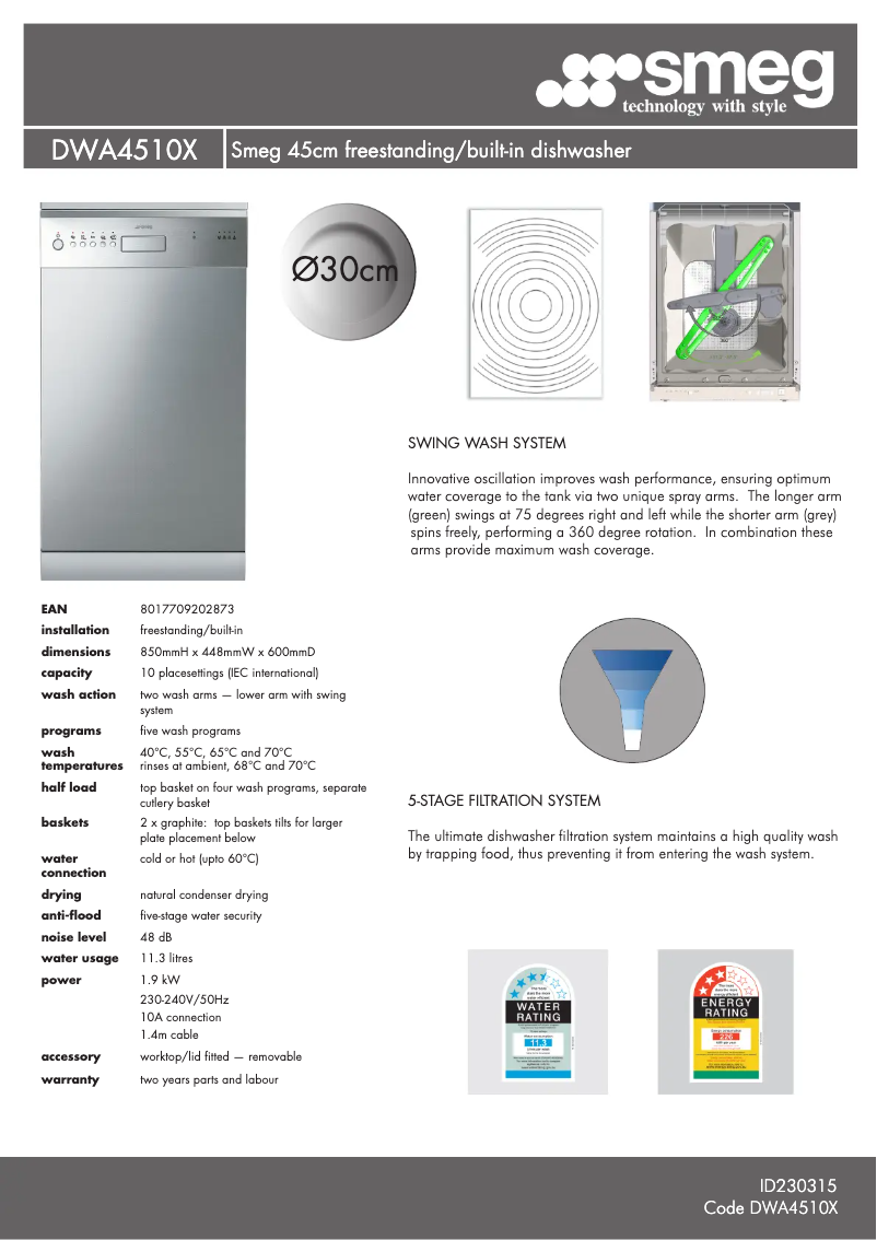 Página 1 del manual Ficha técnica Smeg DWA4510X