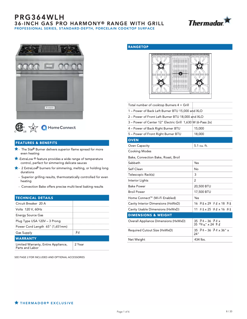 Página 1 del manual Ficha técnica Thermador PRG364WLH