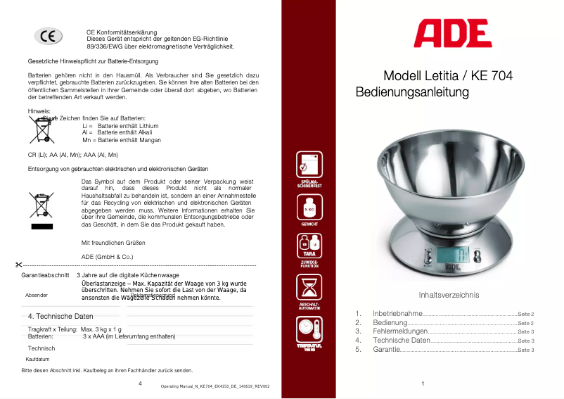 Imagen de la primera página del manual del dispositivo Letitia KE 704