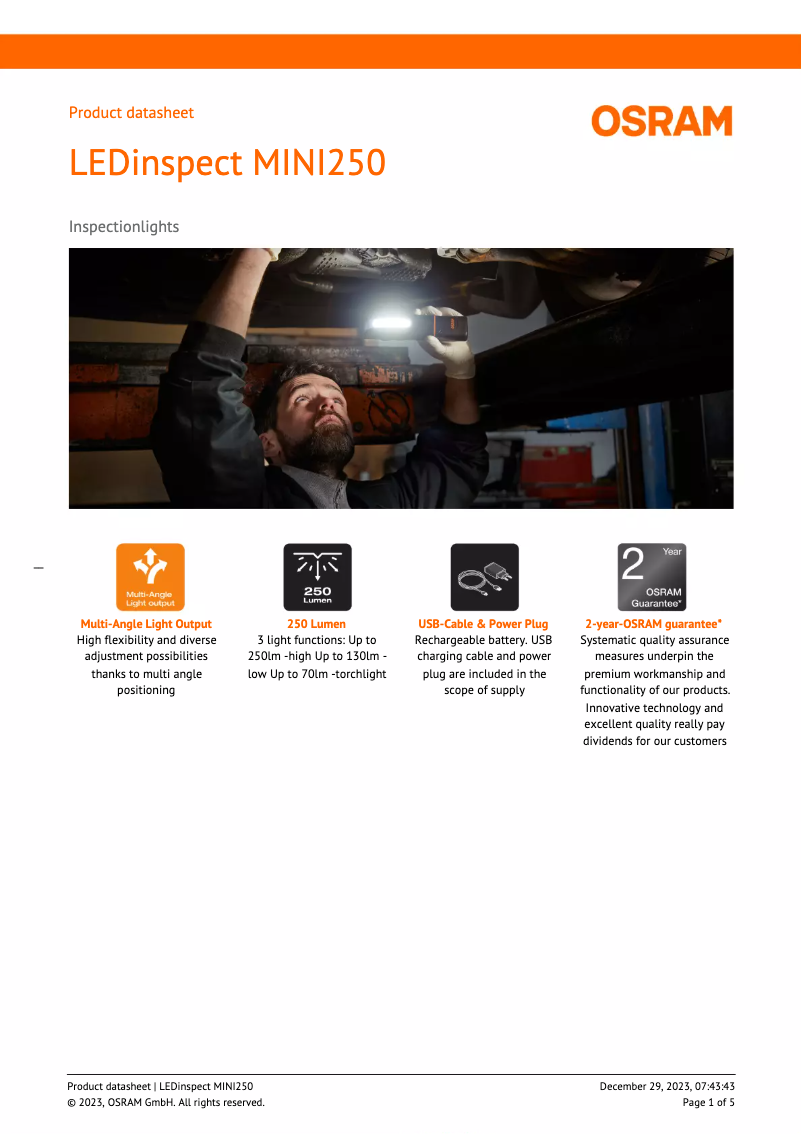 Página 1 del manual Ficha técnica Osram LEDinspect MINI250