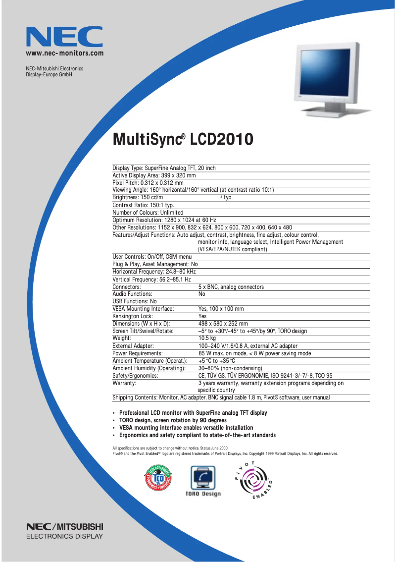 Imagen de la primera página del manual del dispositivo MultiSync LCD 2010