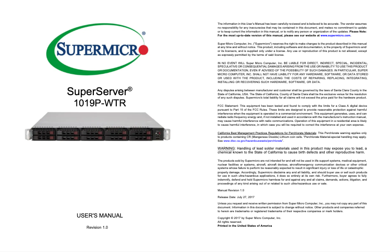 Imagen de la primera página del manual del dispositivo SuperServer 1019P-WTR