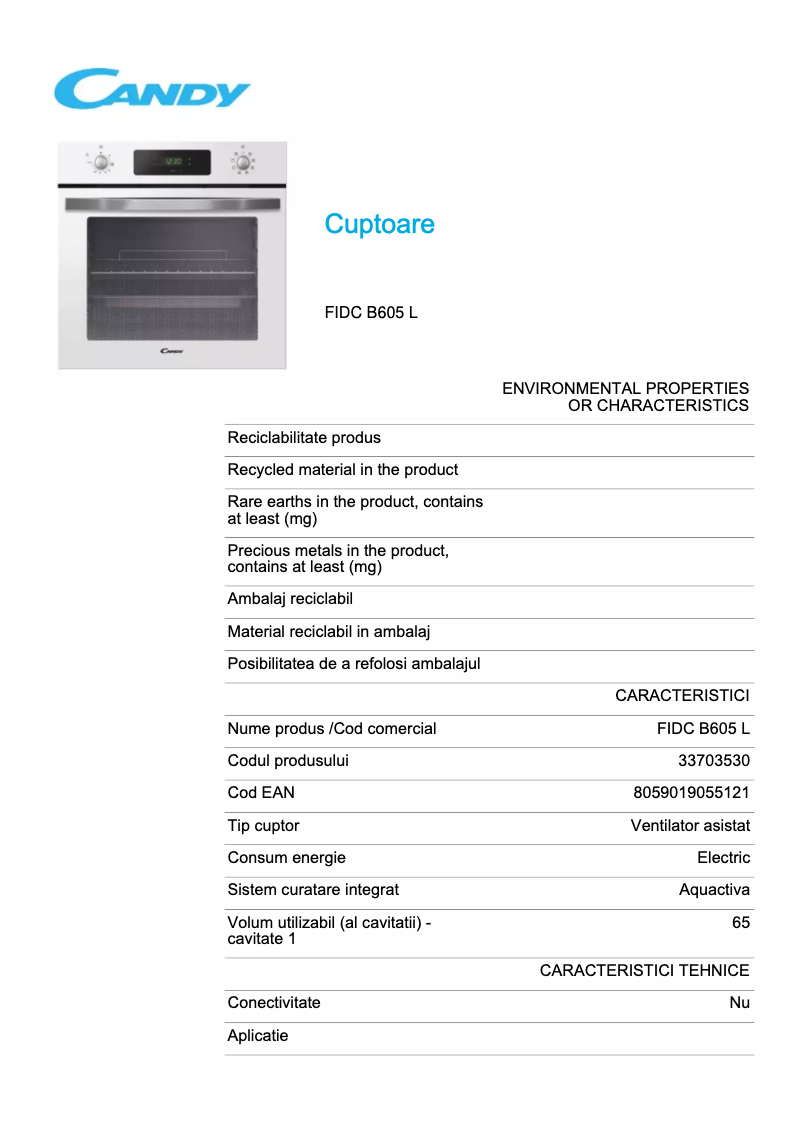Página 1 del manual Ficha técnica Candy FIDC B605 L