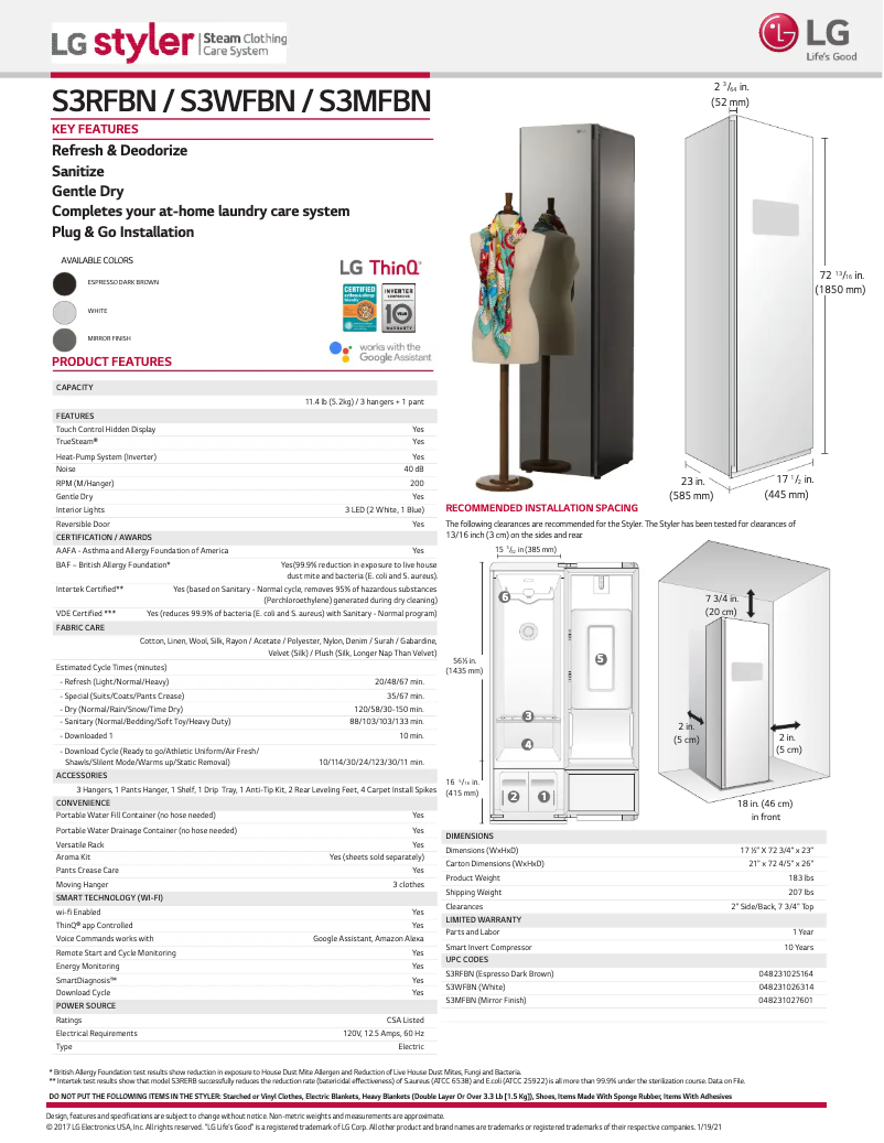 Página 1 del manual Ficha técnica LG Styler S3WFBN