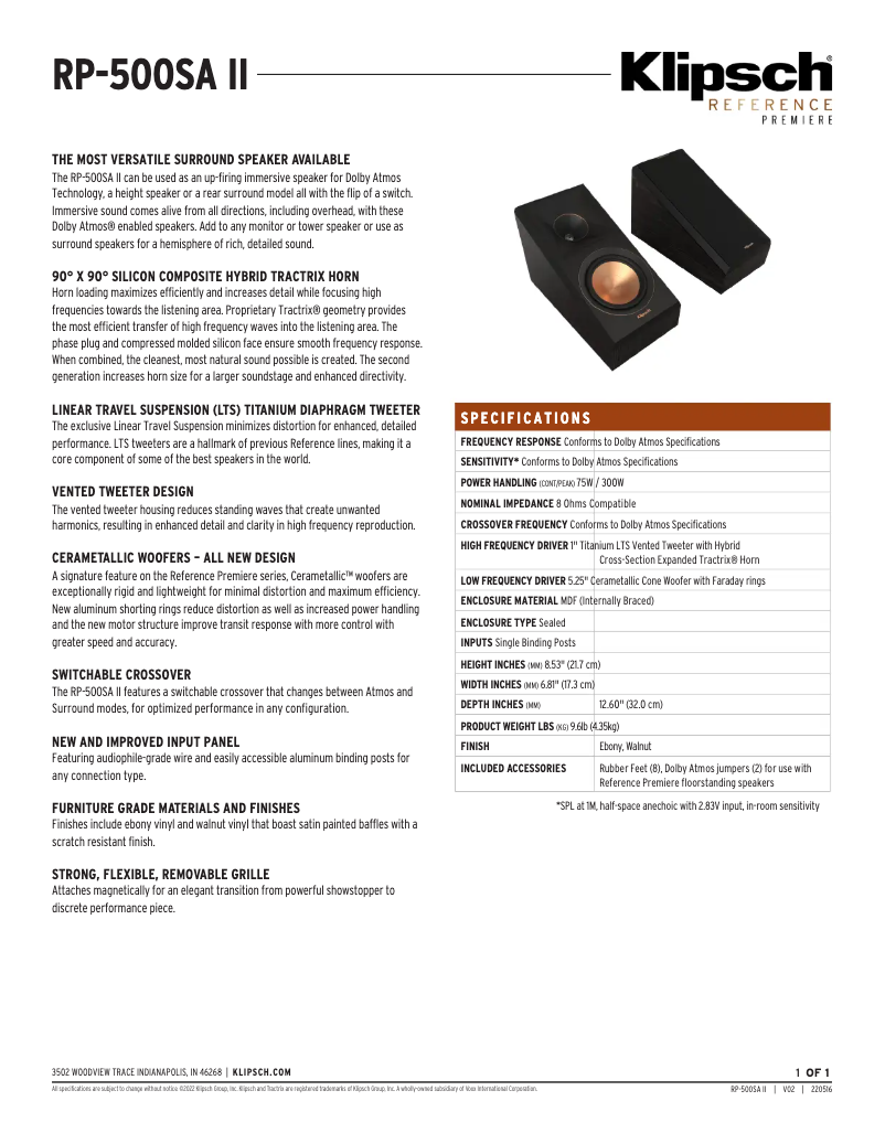 Página 1 del manual Ficha técnica Klipsch Reference Premiere RP-500SA II