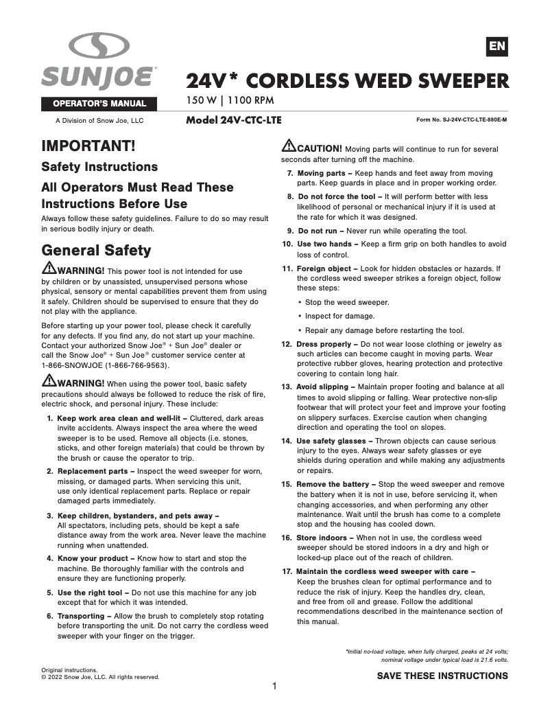 Página 1 del manual Manual de usuario Sun Joe 24V-CTC-CT