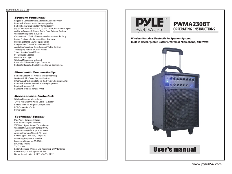 Página 1 del manual Manual de usuario Pyle PWMA230BT