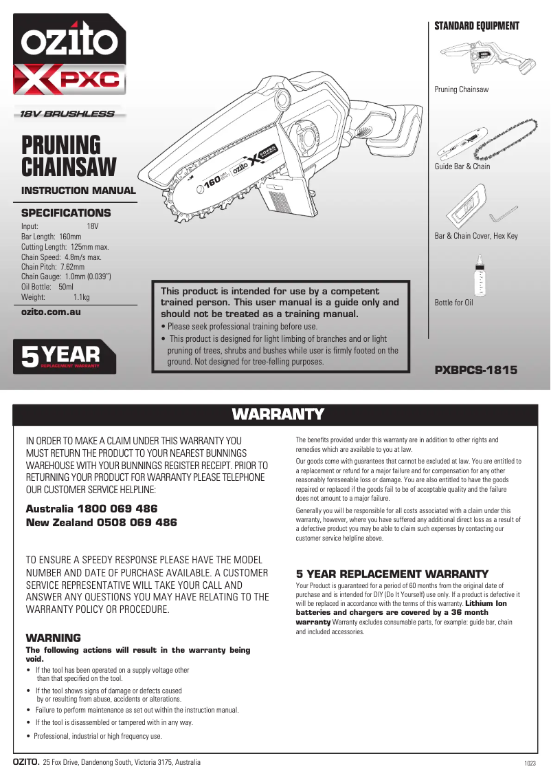 Página nº 1 - Manual de usuario Ozito PXBPCK-1825