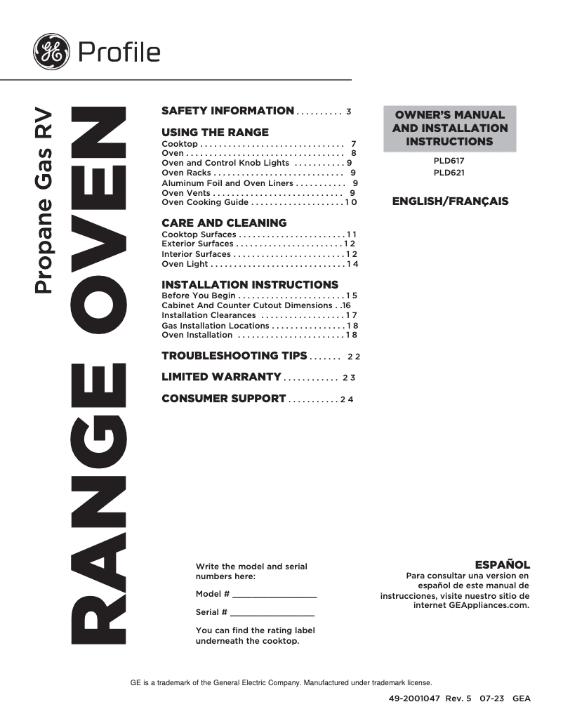 Página 1 del manual Manual de uso y mantenimiento GE Profile PLD617DTBB