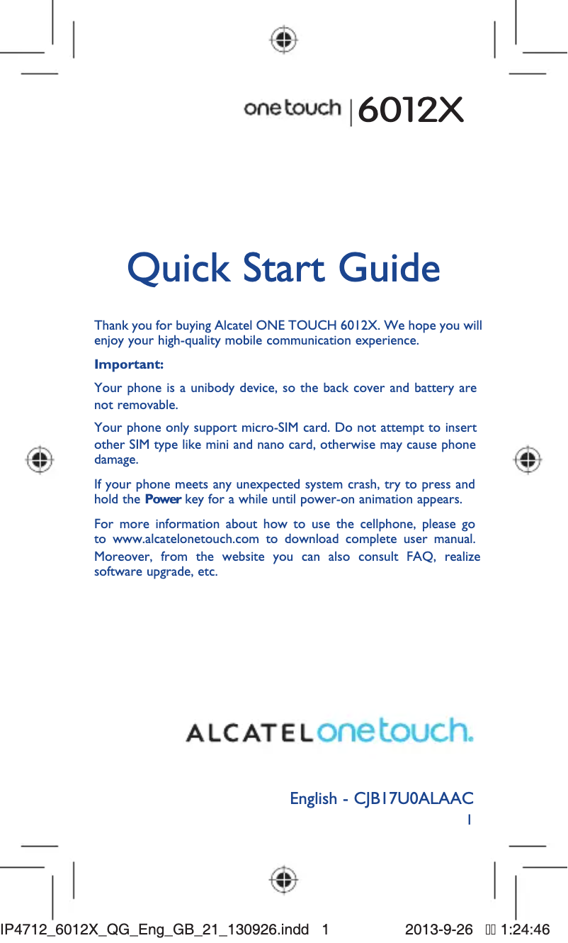 Imagen de la primera página del manual del dispositivo One Touch 6012X