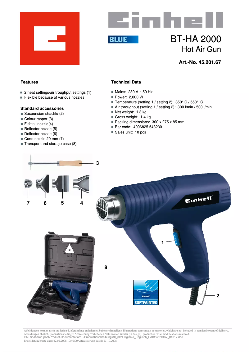 Página 1 del manual Ficha técnica Einhell BT-HA 2000/1