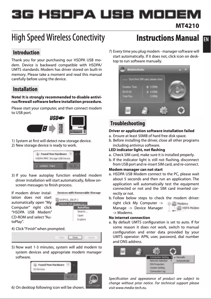 Imagen de la primera página del manual del dispositivo MT421