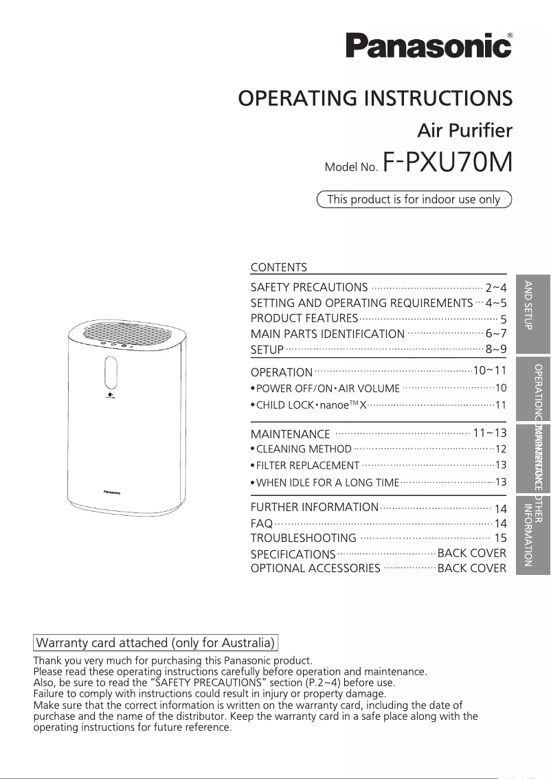 Página 1 del manual Manual de usuario Panasonic Nanoe X F-PXU70M