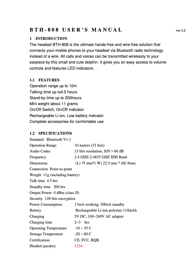 Imagen de la primera página del manual del dispositivo BTH-808