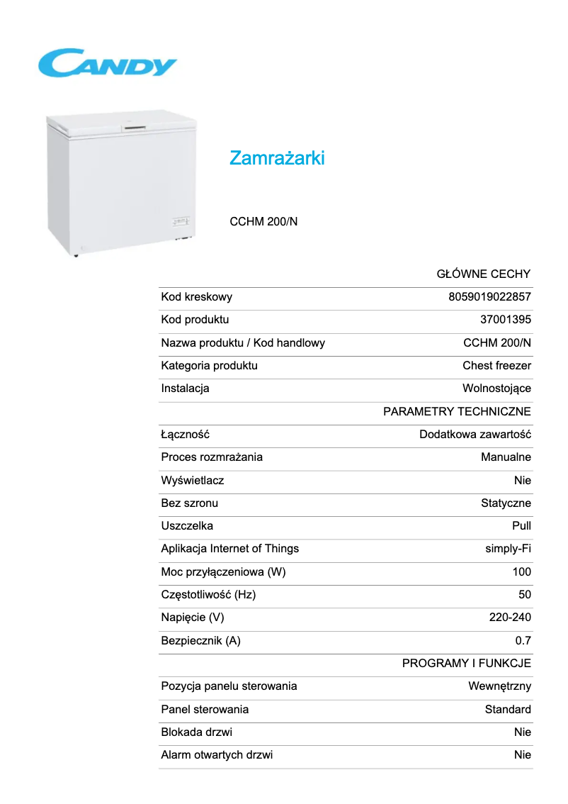 Página 1 del manual Ficha técnica Candy CCHM 200/N