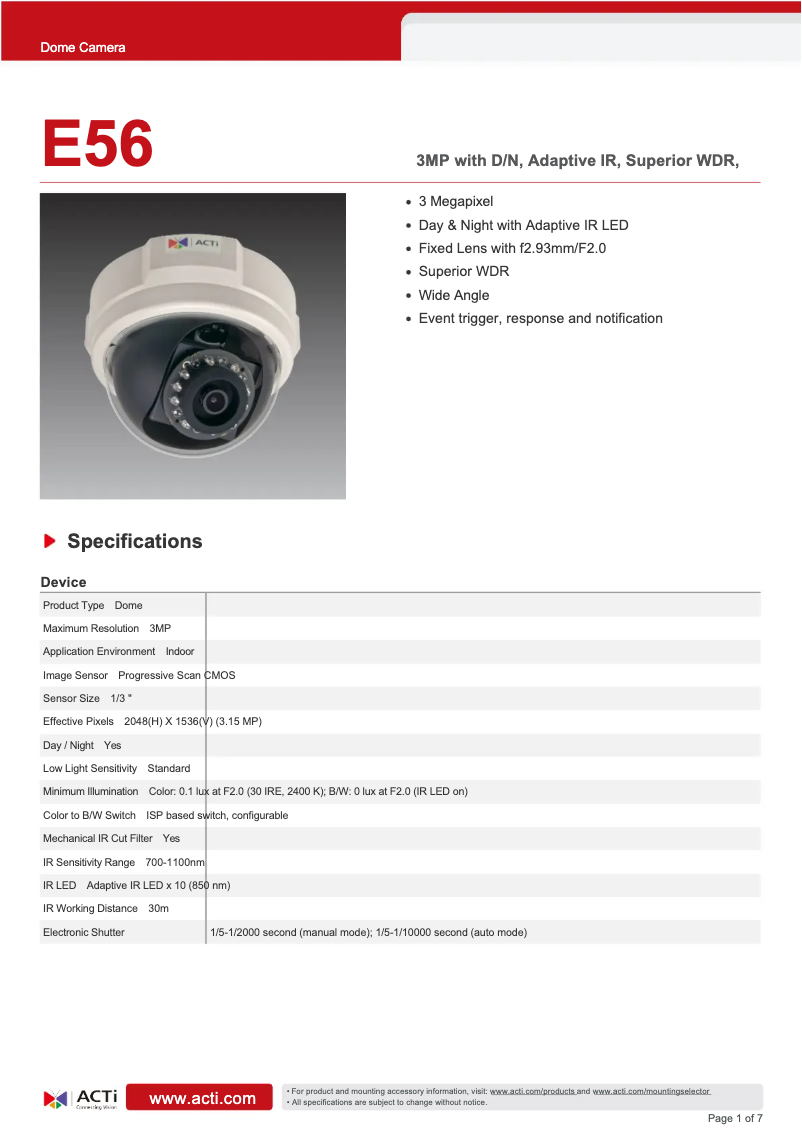 Página 1 del manual Ficha técnica ACTi E56