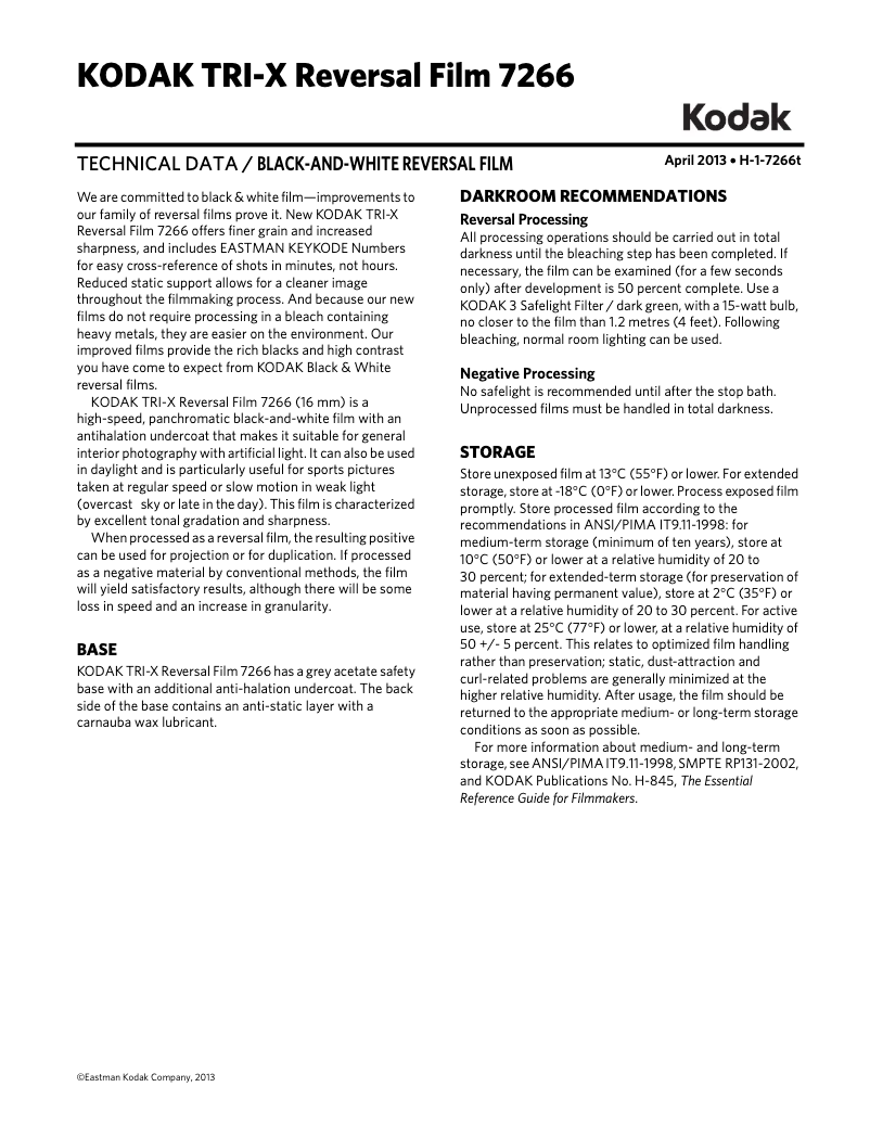 Imagen de la primera página del manual del dispositivo TRI-X Reversal Film 7266