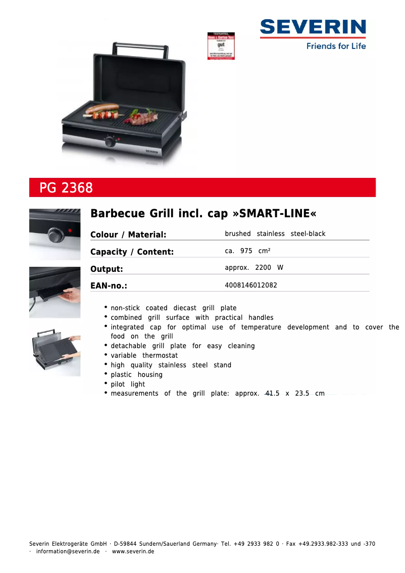 Página 1 del manual Ficha técnica Severin PG 2368