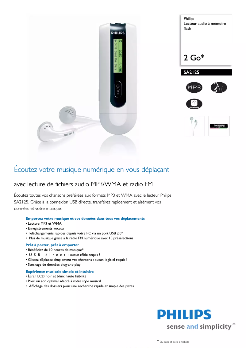 Página 1 del manual Ficha técnica Philips SA2125