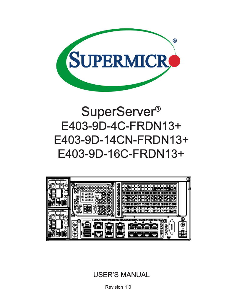 Imagen de la primera página del manual del dispositivo SuperServer E403-9D-14CN-FRDN13+