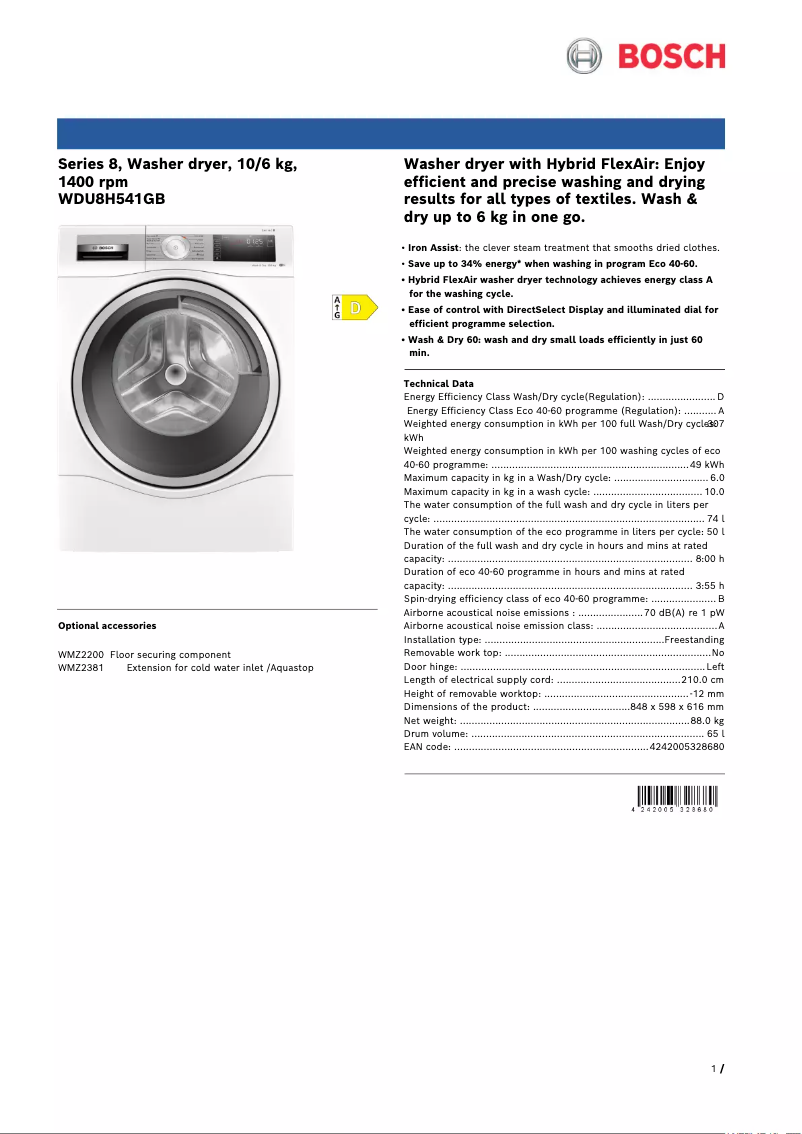 Imagen de la primera página del manual del dispositivo WDU8H541GB