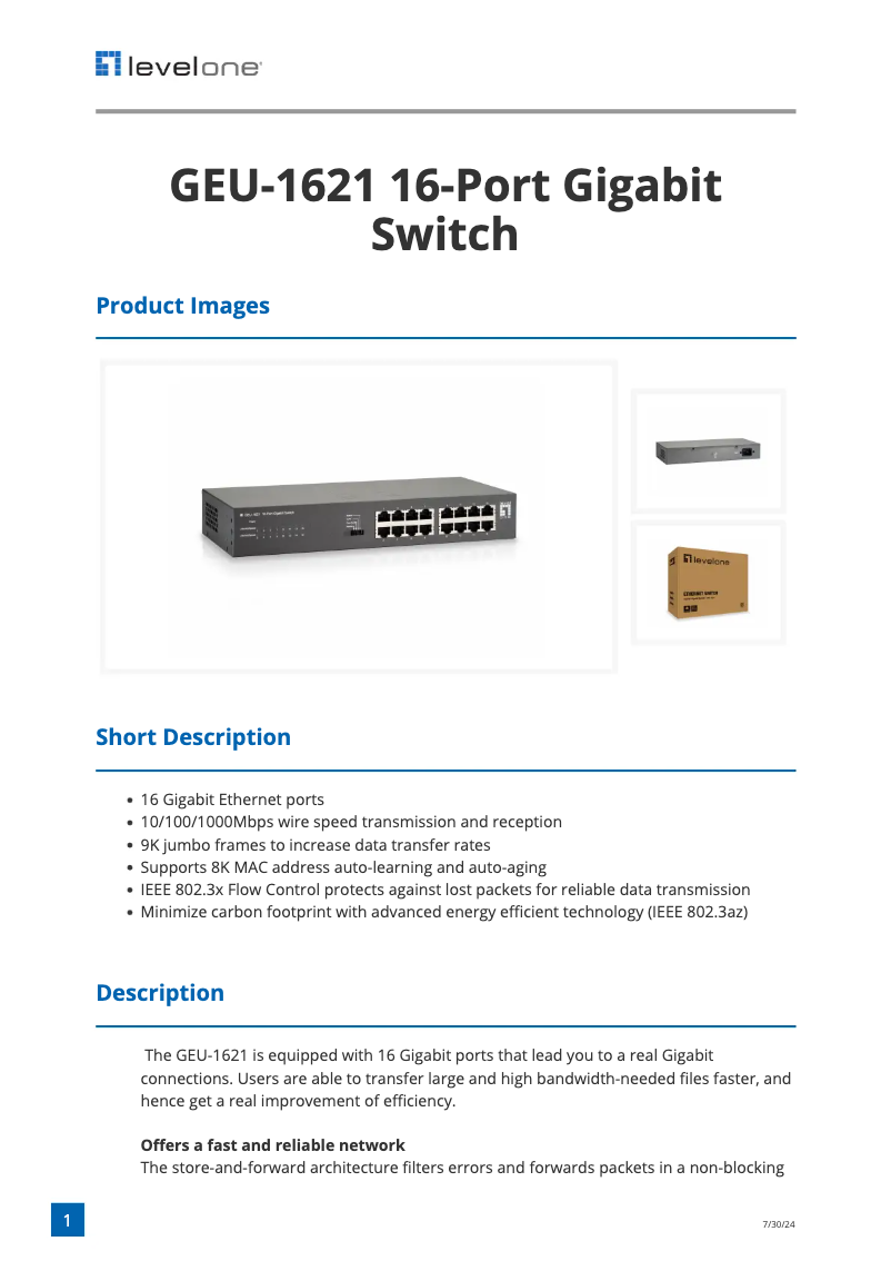 Página 1 del manual Ficha técnica LevelOne GEU-1621