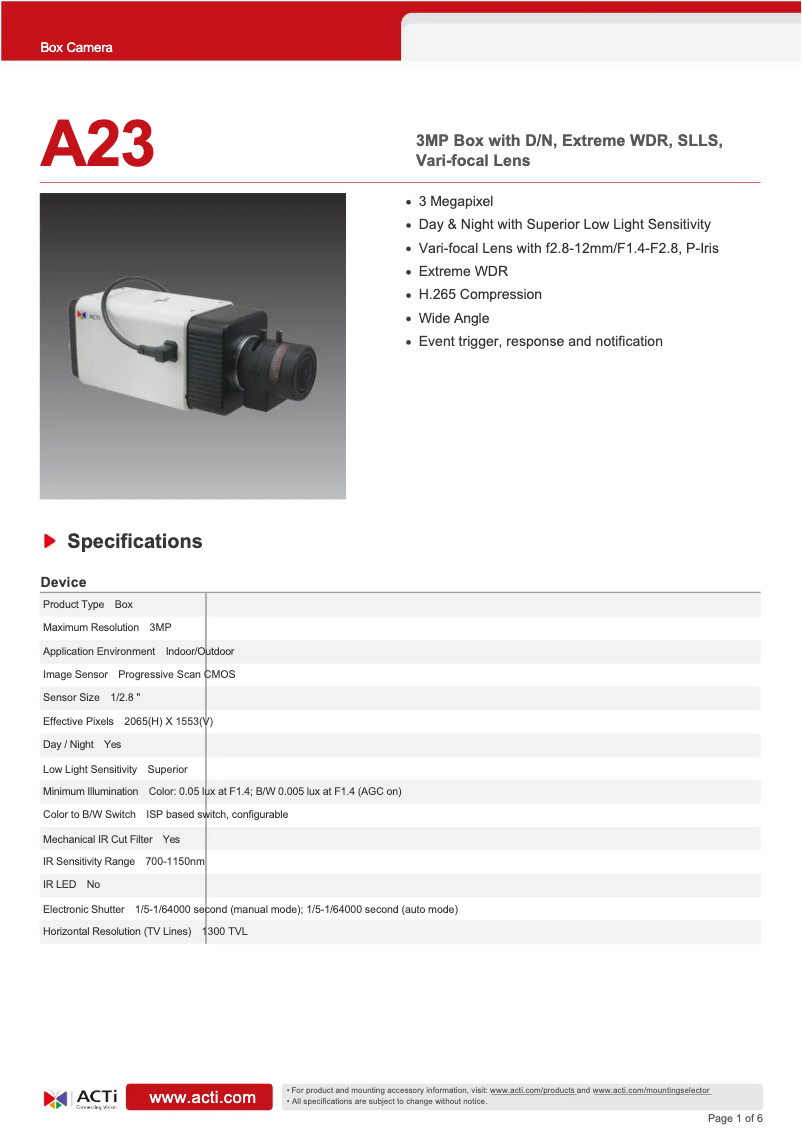 Página 1 del manual Ficha técnica ACTi A23
