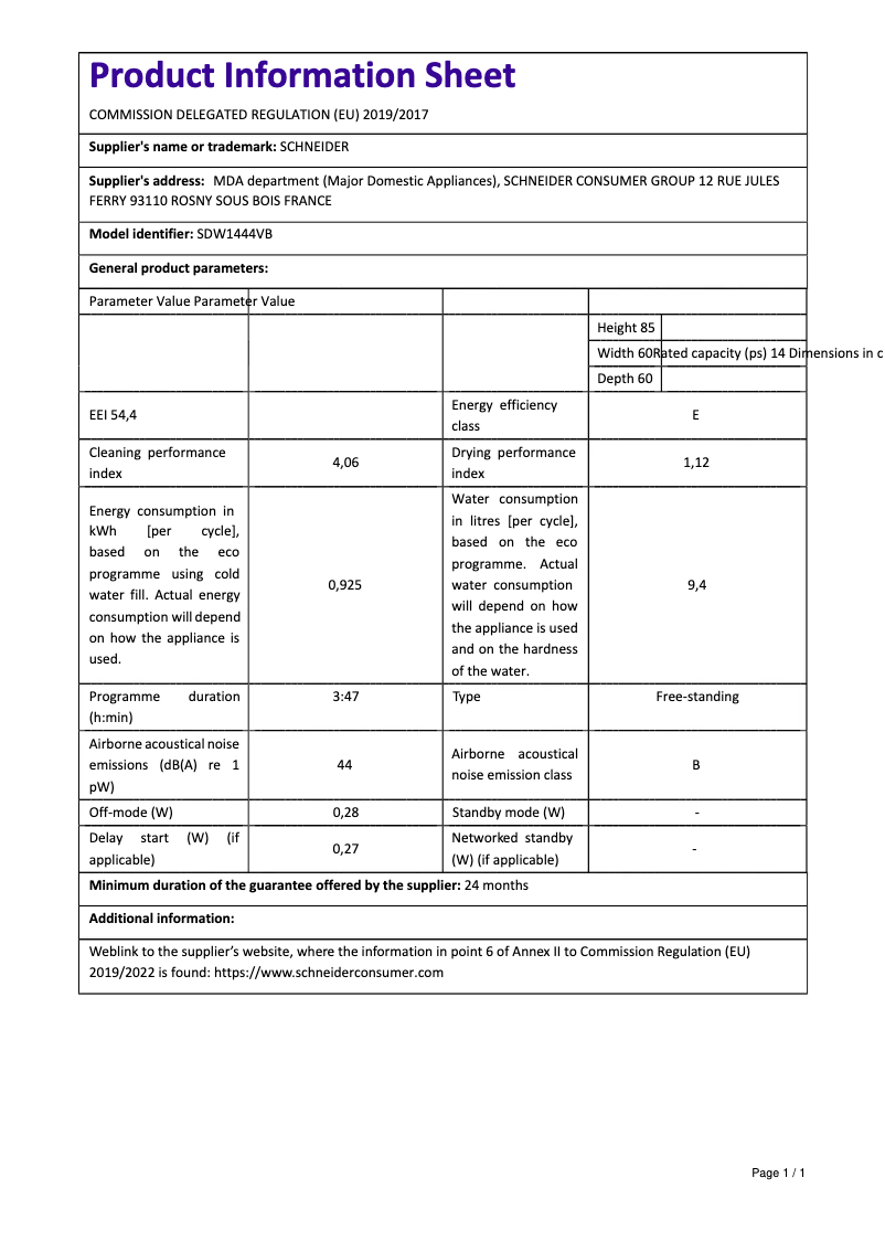 Imagen de la primera página del manual del dispositivo SDW1444V