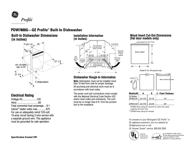 Página 1 del manual Ficha técnica GE Profile PDW7800GCC