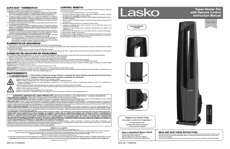 Página nº 1 - Manual de usuario Lasko FHV801