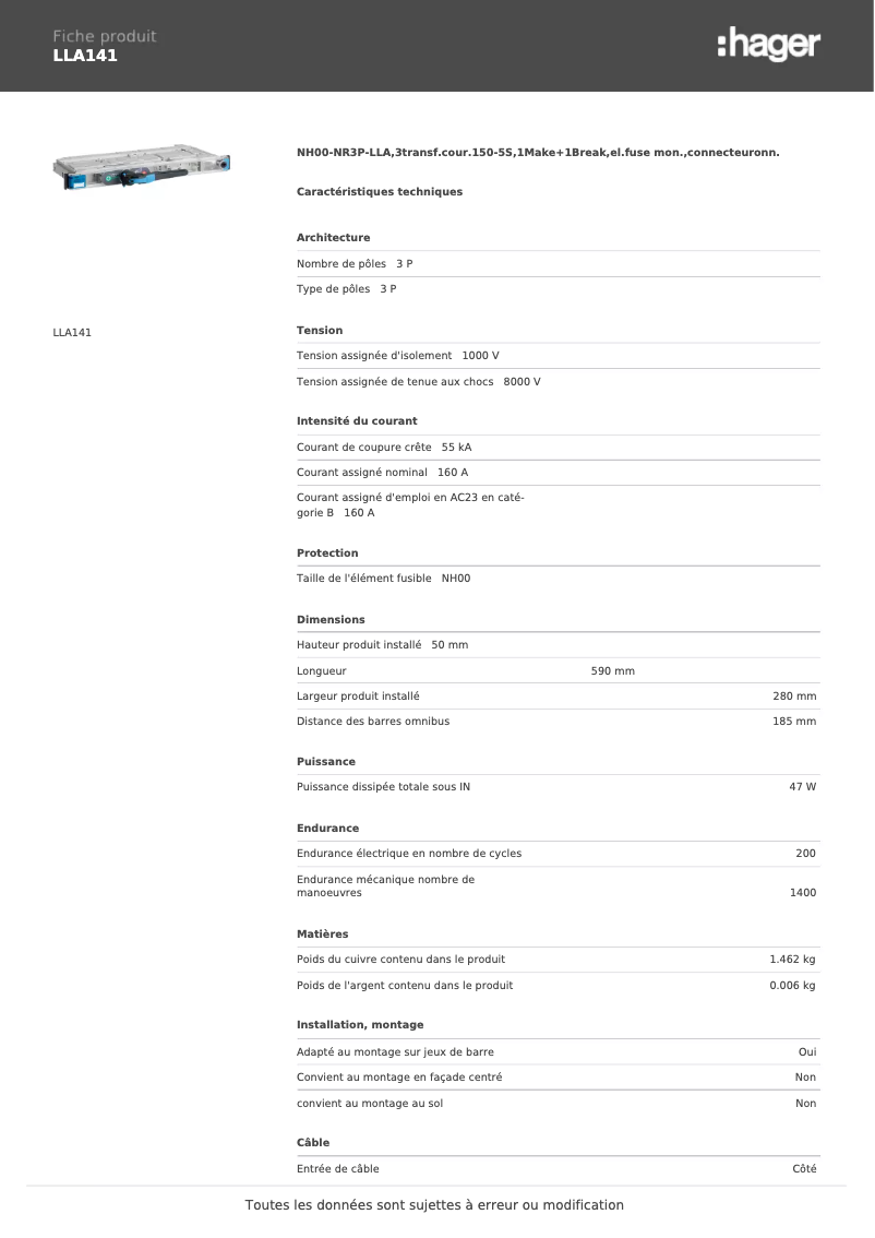 Página 1 del manual Ficha técnica Hager LLA141