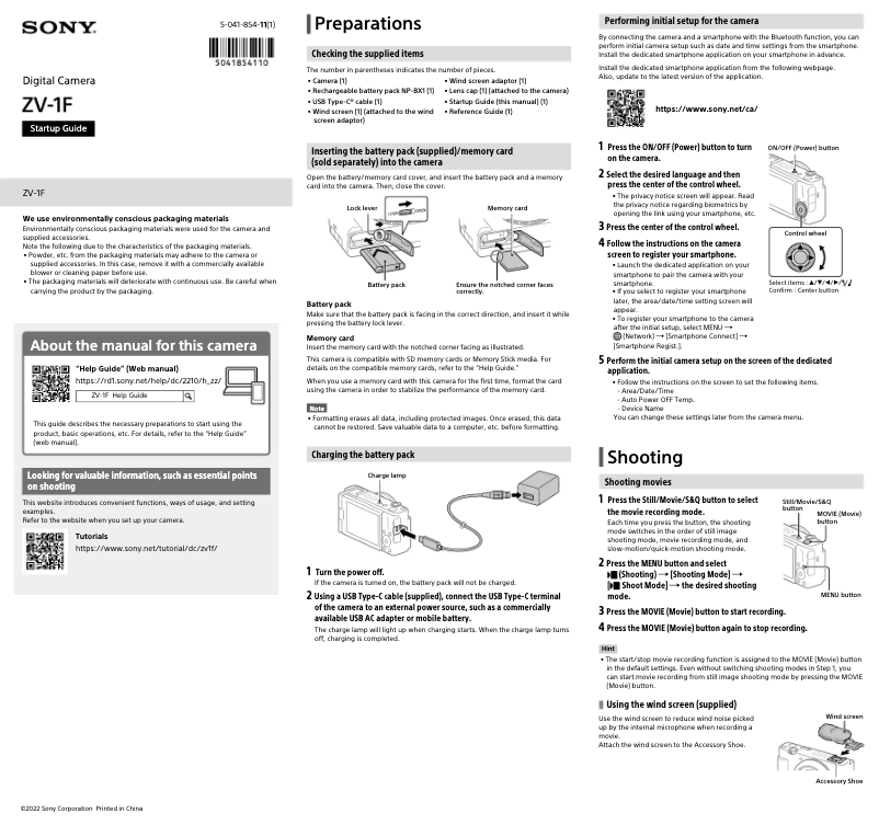 Imagen de la primera página del manual del dispositivo ZV-1F