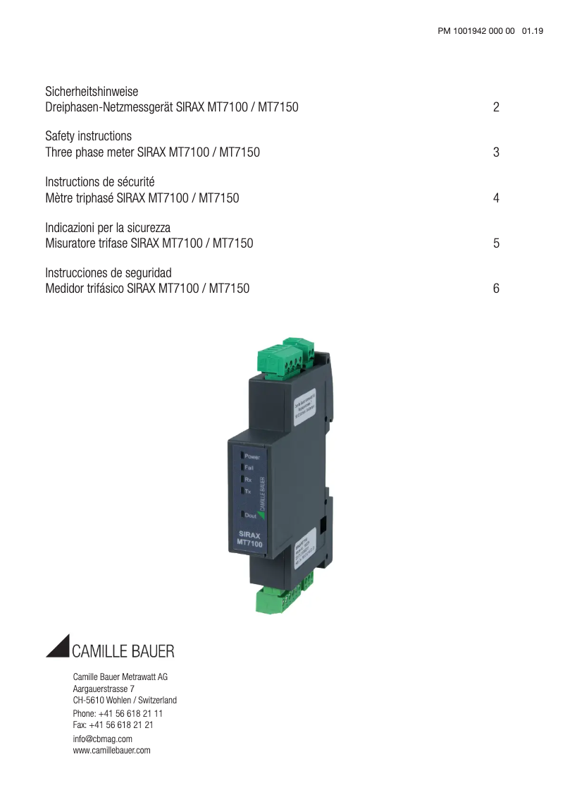 Página nº 1 - Instrucciones de seguridad Camille Bauer SIRAX MT7150