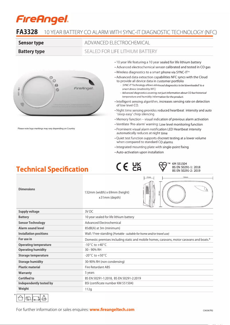 Página 1 del manual Ficha técnica FireAngel FA3328-EUT