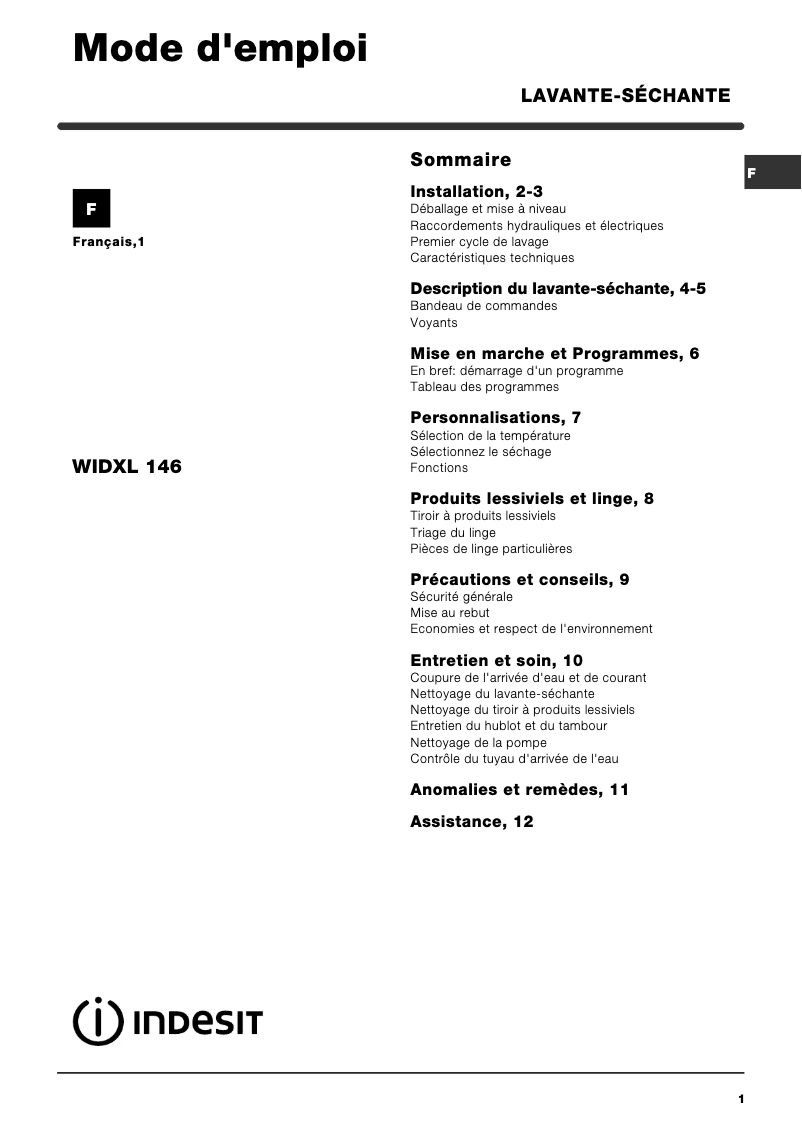Página 1 del manual Manual de usuario Indesit WIDXL 146 (FR)
