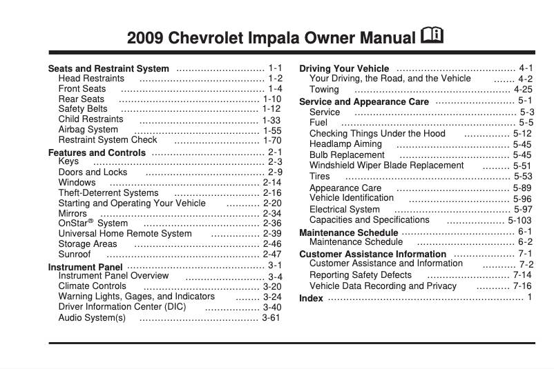 Página 1 del manual Manual de usuario Chevrolet Impala (2009)