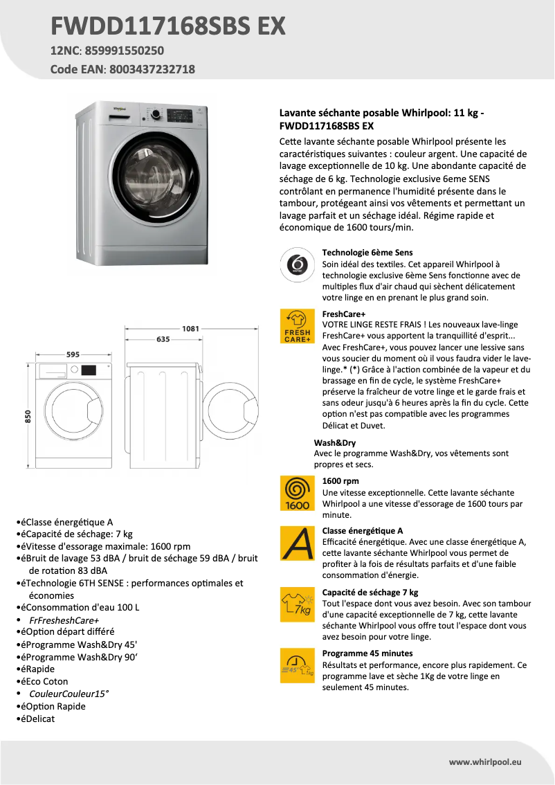 Página 1 del manual Ficha técnica Whirlpool FWDD117168SBS EX