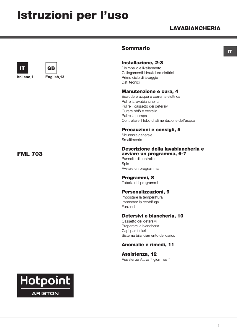 Página 1 del manual Manual de usuario Hotpoint Ariston FML 703 EU