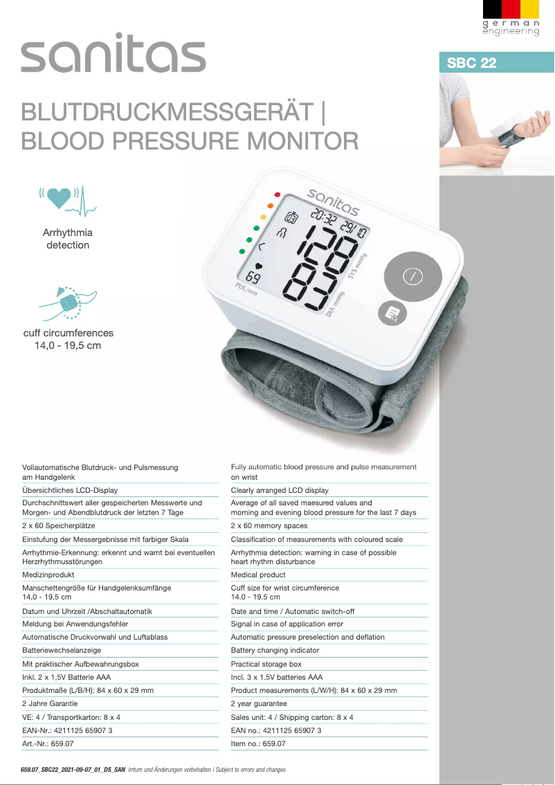 Página 1 del manual Ficha técnica Sanitas SBC 22