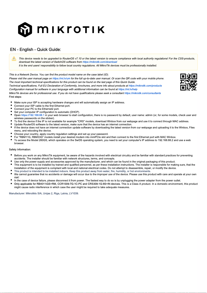 Imagen de la primera página del manual del dispositivo RB260GS